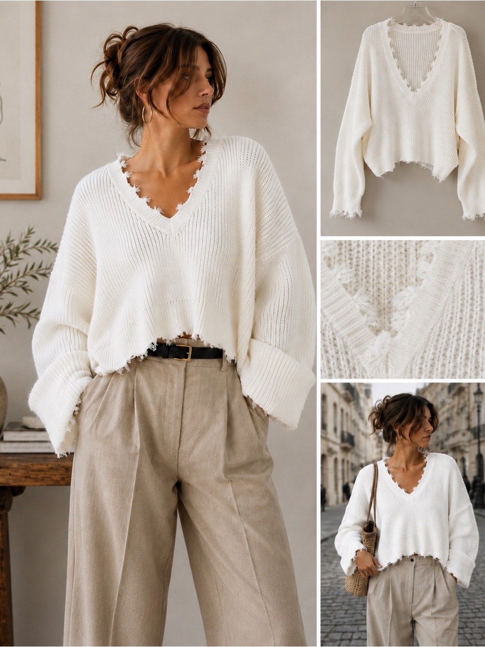 TIC TOC White Distressed V-Neck Cropped Chunky Knit Sweater Size M